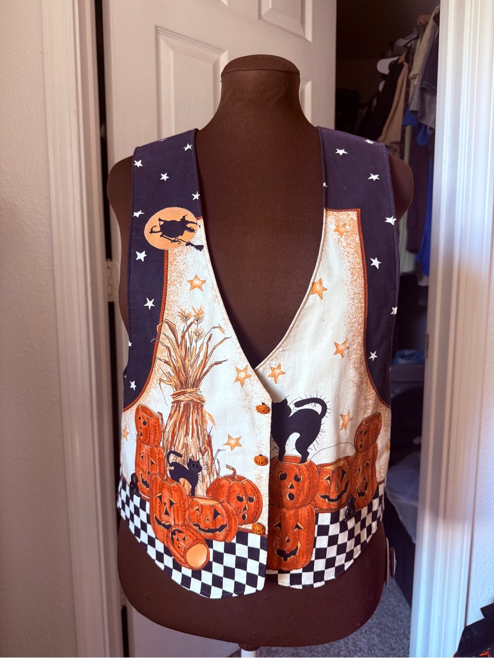 Vintage 90s Halloween Checkerboard Witch Black Cat Vest Size L